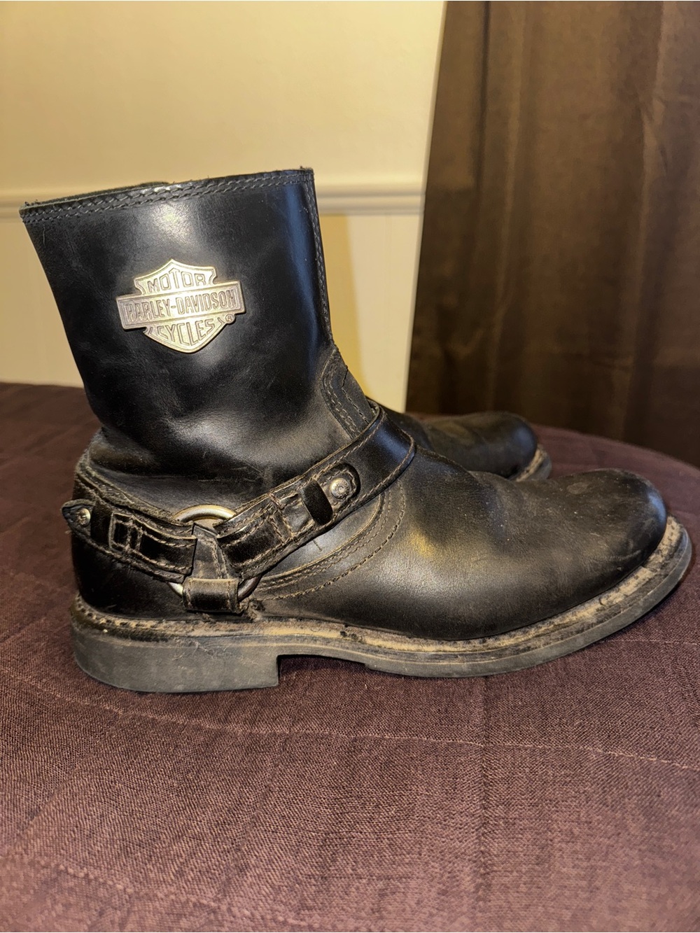 Harley‑Davidson Black Leather Harness Motorcycle Boots with Metal Shield